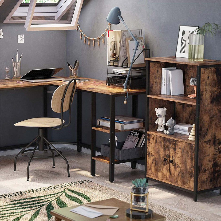 Cabinet – Wood – Rustic Brown and Black – Multifunctional with Open and Closed Compartments