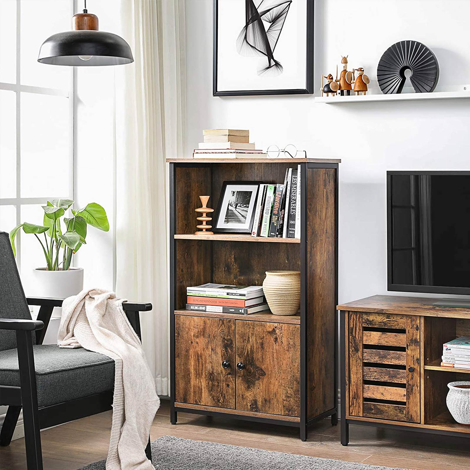 Cabinet – Wood – Rustic Brown and Black – Multifunctional with Open and Closed Compartments