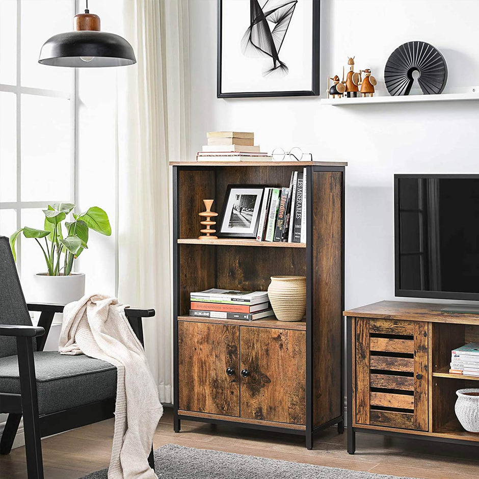 Cabinet – Wood – Rustic Brown and Black – Multifunctional with Open and Closed Compartments