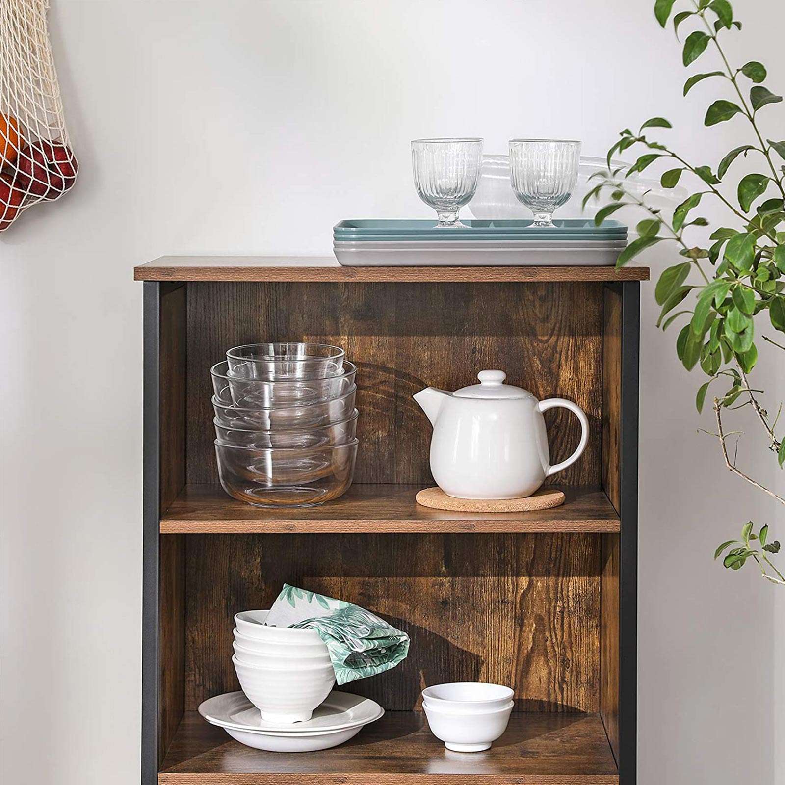 Cabinet – Wood – Rustic Brown and Black – Multifunctional with Open and Closed Compartments