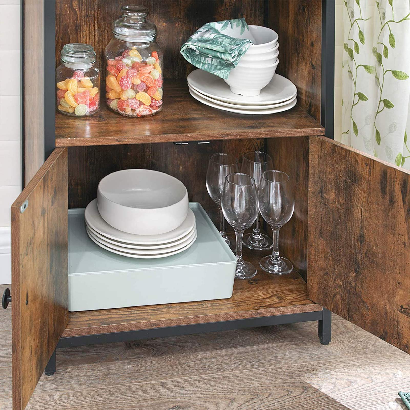 Cabinet – Wood – Rustic Brown and Black – Multifunctional with Open and Closed Compartments