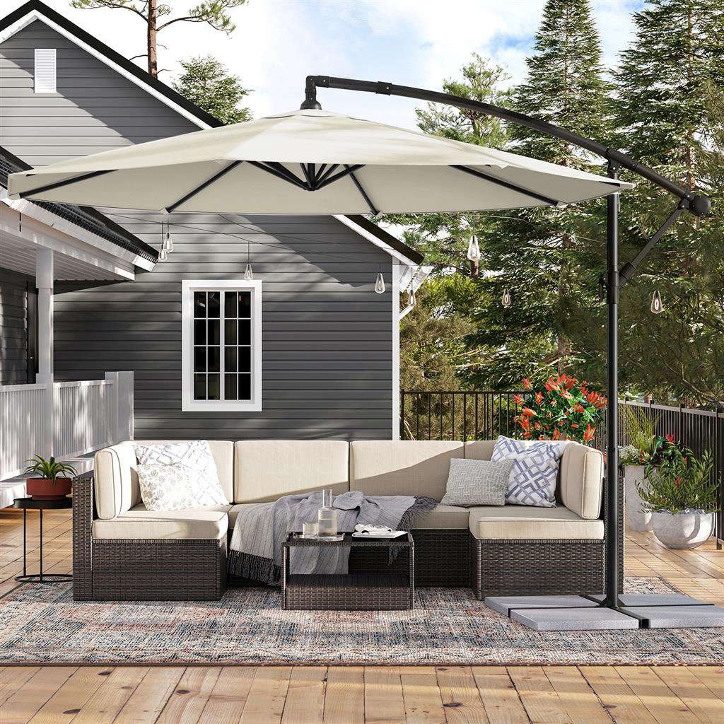 Cantilever Garden Parasol – Fabric – Grey – 3 m with Crank and Base, UPF 50+ Sunshade