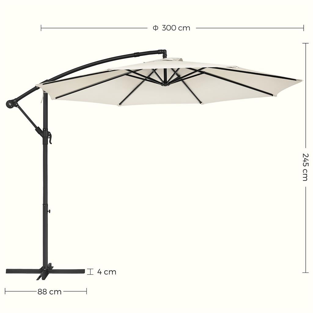 Cantilever Garden Parasol – Fabric – Grey – 3 m with Crank and Base, UPF 50+ Sunshade