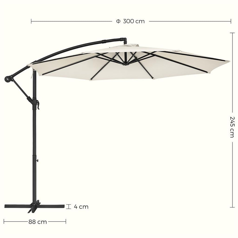 Cantilever Garden Parasol – Fabric – Grey – 3 m with Crank and Base, UPF 50+ Sunshade