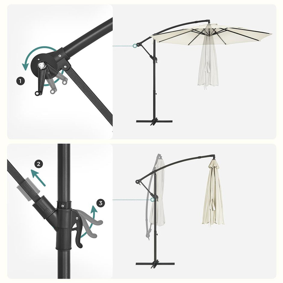 Cantilever Garden Parasol – Fabric – Grey – 3 m with Crank and Base, UPF 50+ Sunshade