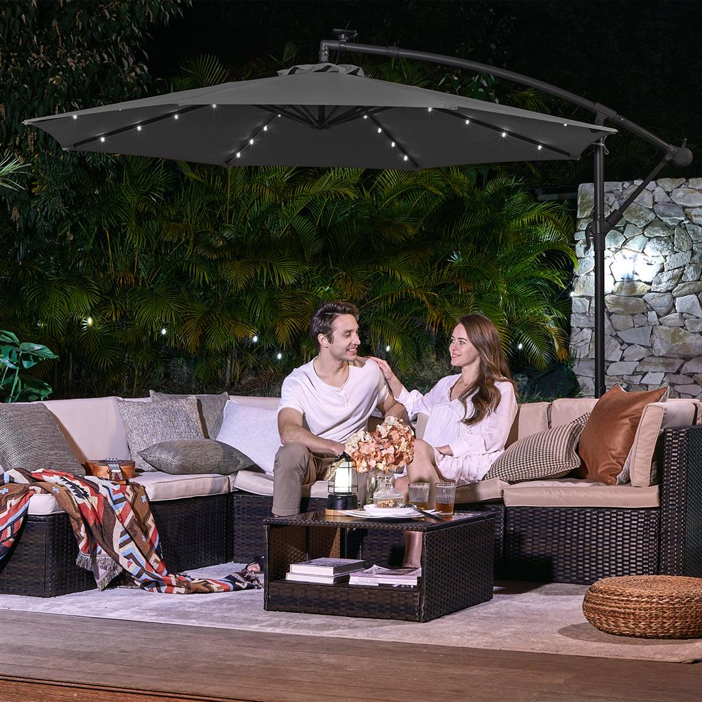 Cantilever Garden Parasol – Fabric – Red – Solar-Powered LED Lights, UPF 50+ Protection