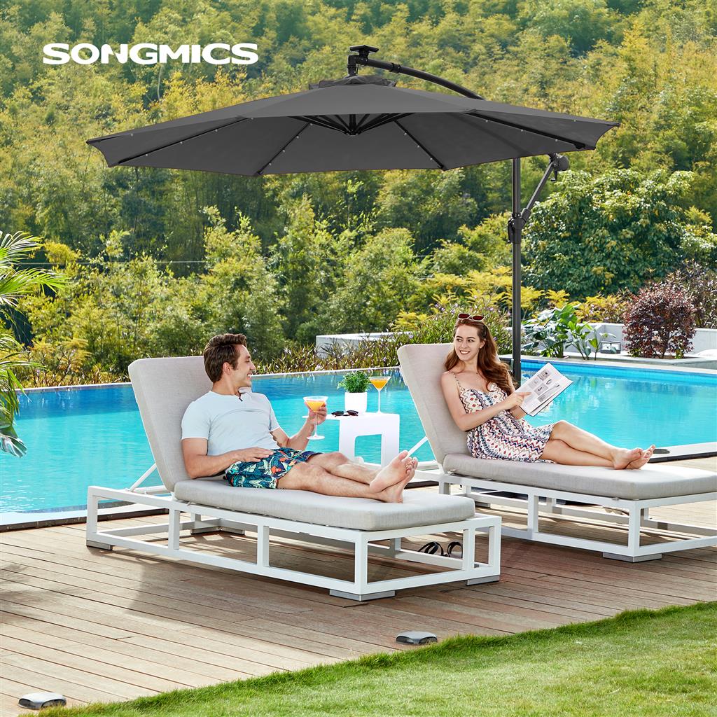 Cantilever Garden Parasol – Fabric – Red – Solar-Powered LED Lights, UPF 50+ Protection