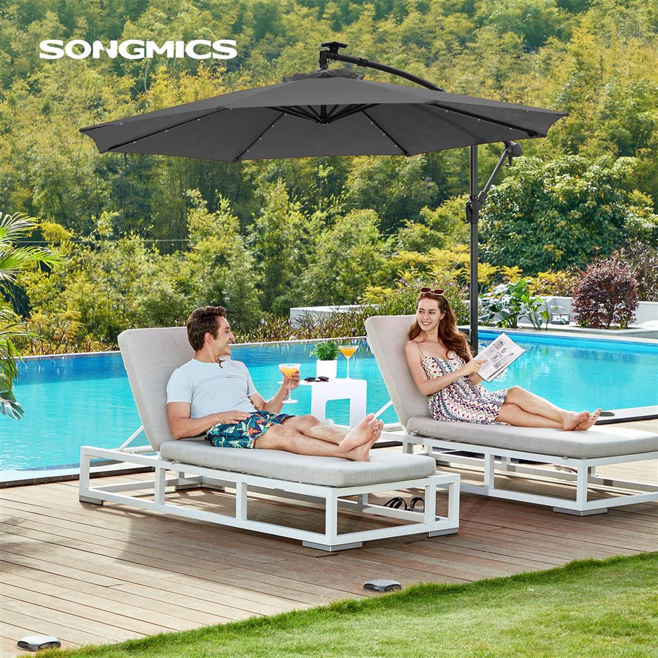 Cantilever Garden Parasol – Fabric – Red – Solar-Powered LED Lights, UPF 50+ Protection