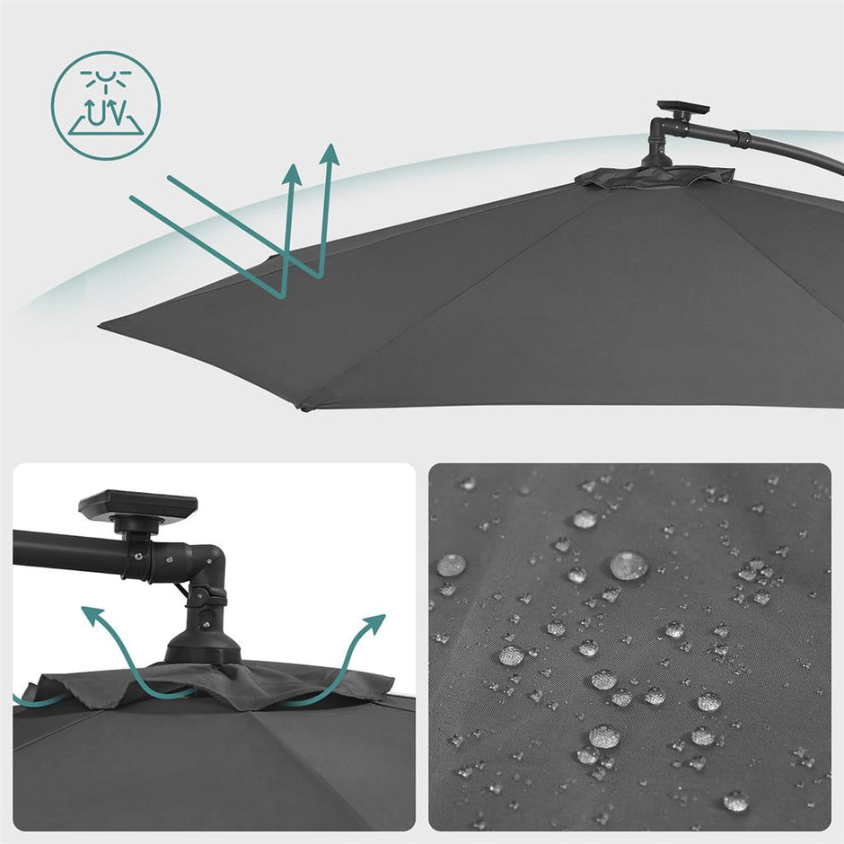 Cantilever Garden Parasol – Fabric – Red – Solar-Powered LED Lights, UPF 50+ Protection