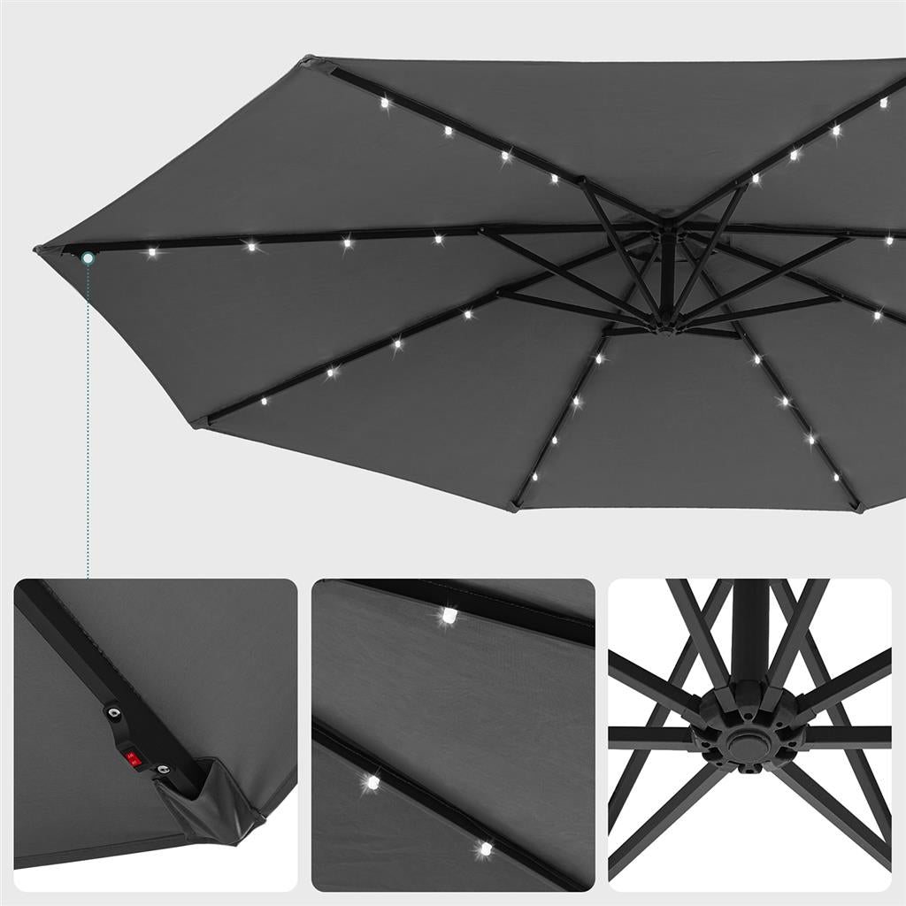 Cantilever Garden Parasol – Fabric – Red – Solar-Powered LED Lights, UPF 50+ Protection