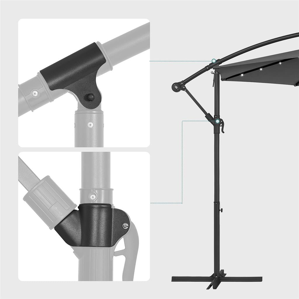 Cantilever Garden Parasol – Fabric – Red – Solar-Powered LED Lights, UPF 50+ Protection
