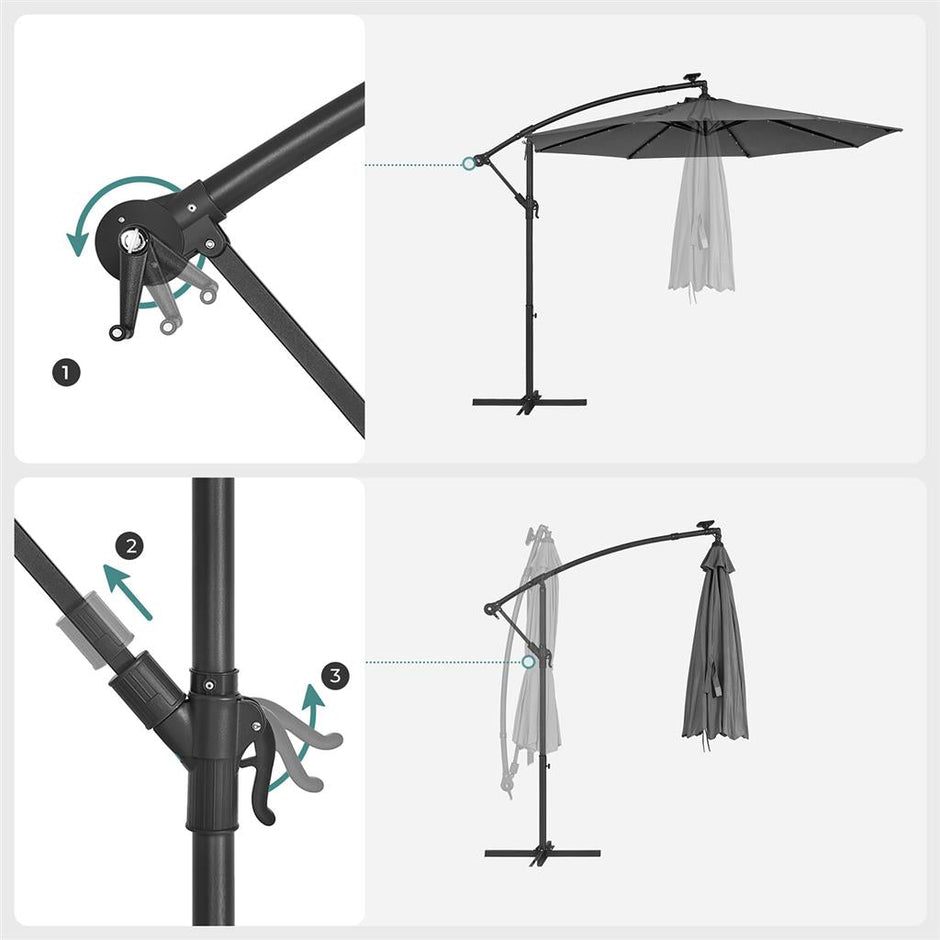 Cantilever Garden Parasol – Fabric – Red – Solar-Powered LED Lights, UPF 50+ Protection