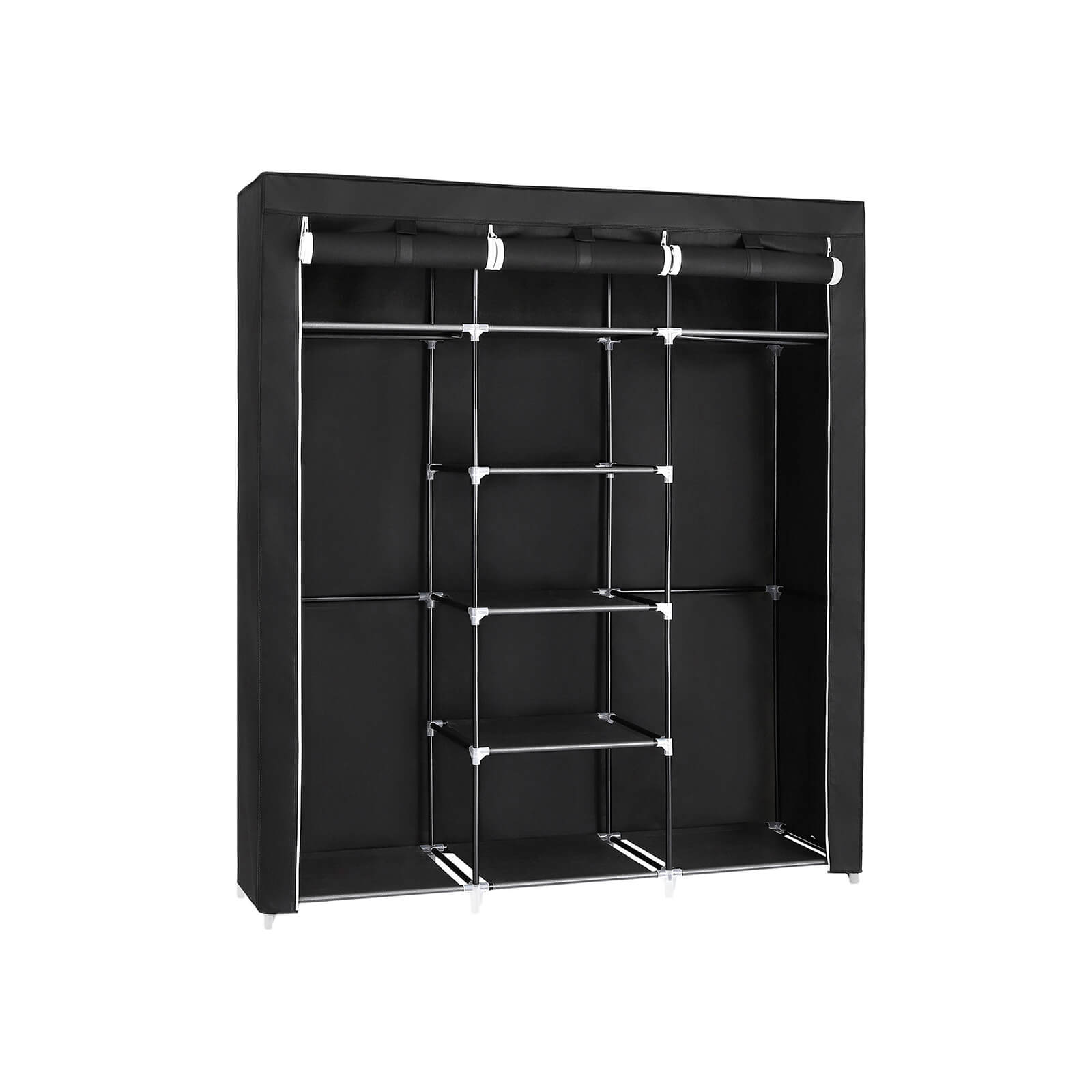 Clothes Wardrobe – Canvas – Beige – Storage with Hanging Rail and Shelves 175 x 150 x 45 cm