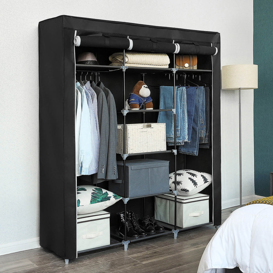 Clothes Wardrobe – Canvas – Beige – Storage with Hanging Rail and Shelves 175 x 150 x 45 cm