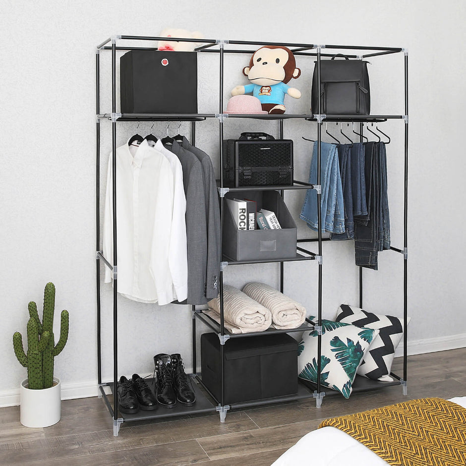 Clothes Wardrobe – Canvas – Beige – Storage with Hanging Rail and Shelves 175 x 150 x 45 cm
