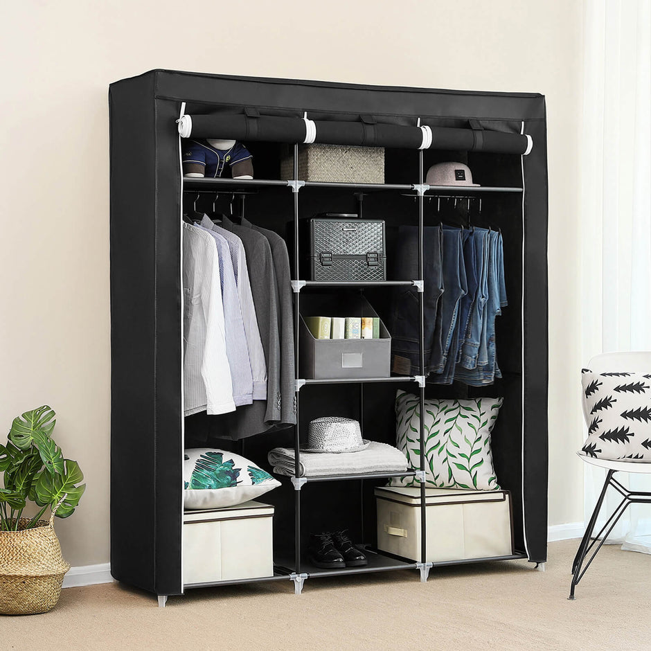 Clothes Wardrobe – Canvas – Beige – Storage with Hanging Rail and Shelves 175 x 150 x 45 cm