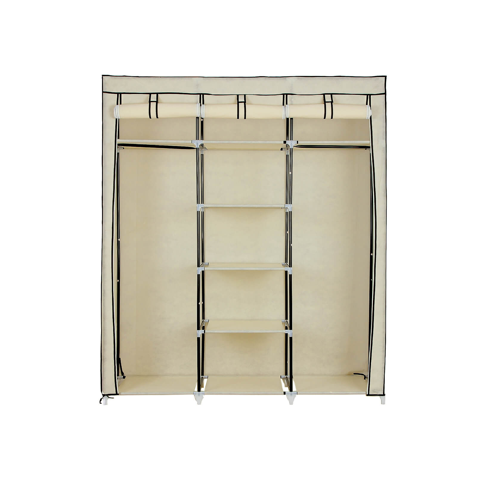 Canvas Wardrobe – Fabric – Beige – Clothes Hanging Rail with Storage Shelves 175 x 150 x 45 cm