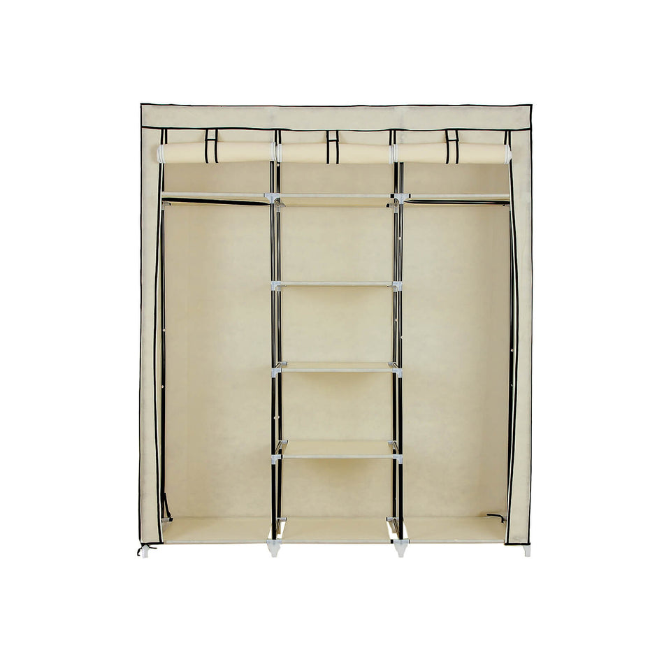 Canvas Wardrobe – Fabric – Beige – Clothes Hanging Rail with Storage Shelves 175 x 150 x 45 cm