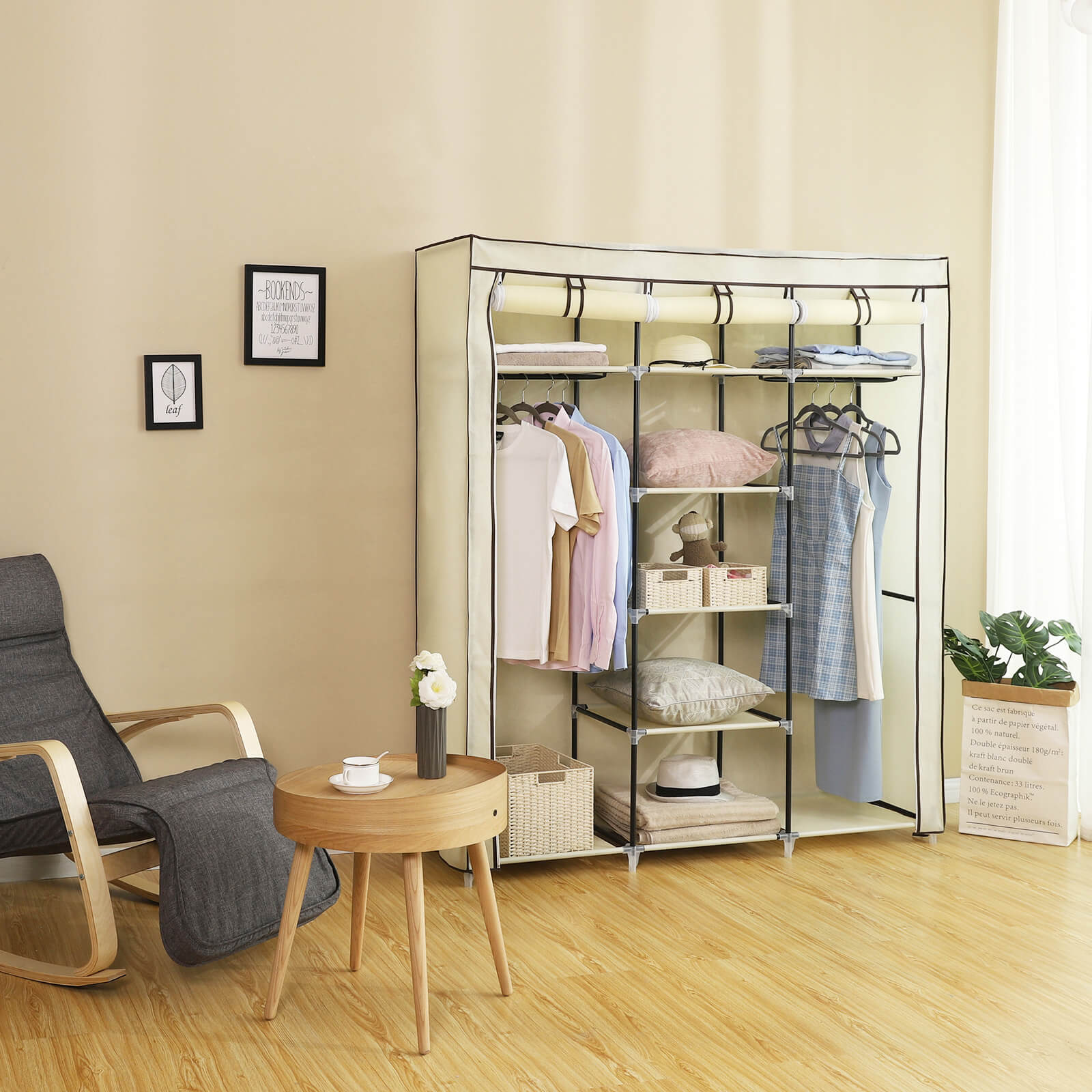 Canvas Wardrobe – Fabric – Beige – Clothes Hanging Rail with Storage Shelves 175 x 150 x 45 cm
