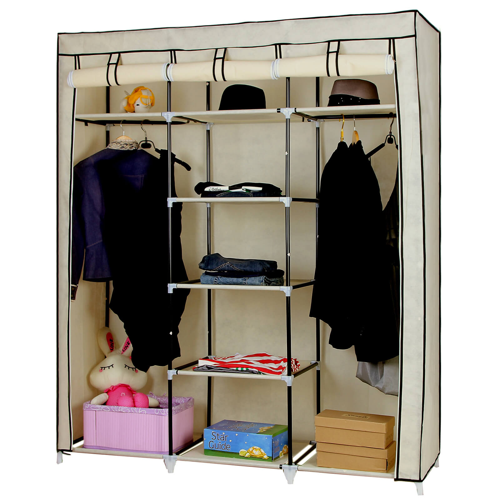 Canvas Wardrobe – Fabric – Beige – Clothes Hanging Rail with Storage Shelves 175 x 150 x 45 cm