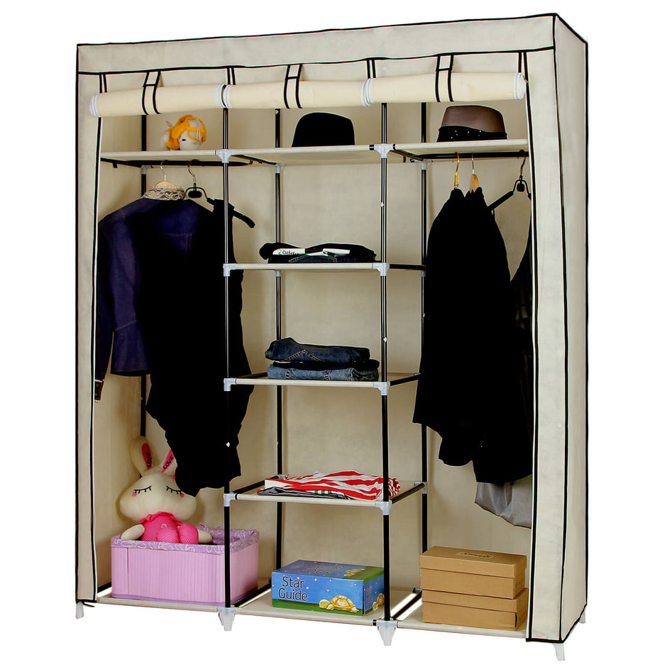 Canvas Wardrobe – Fabric – Beige – Clothes Hanging Rail with Storage Shelves 175 x 150 x 45 cm