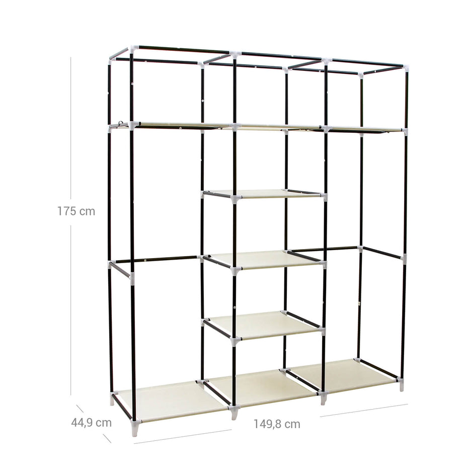 Canvas Wardrobe – Fabric – Beige – Clothes Hanging Rail with Storage Shelves 175 x 150 x 45 cm