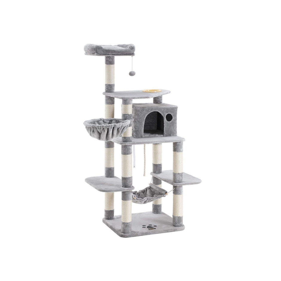 Cat Tree – Engineered Wood – Light Grey – Multi-Level with Hammock and Feeder Bowl
