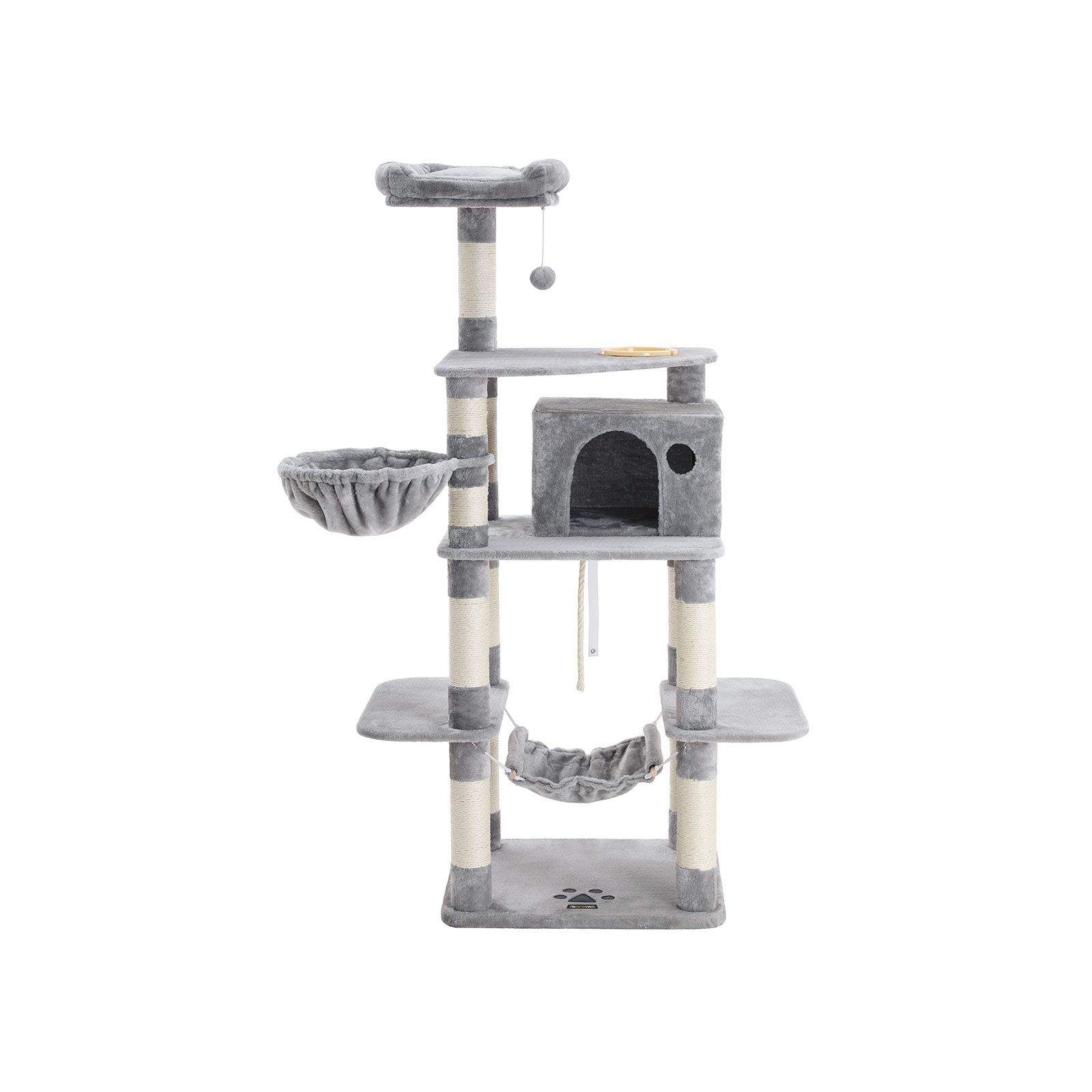 Cat Tree – Engineered Wood – Light Grey – Multi-Level with Hammock and Feeder Bowl
