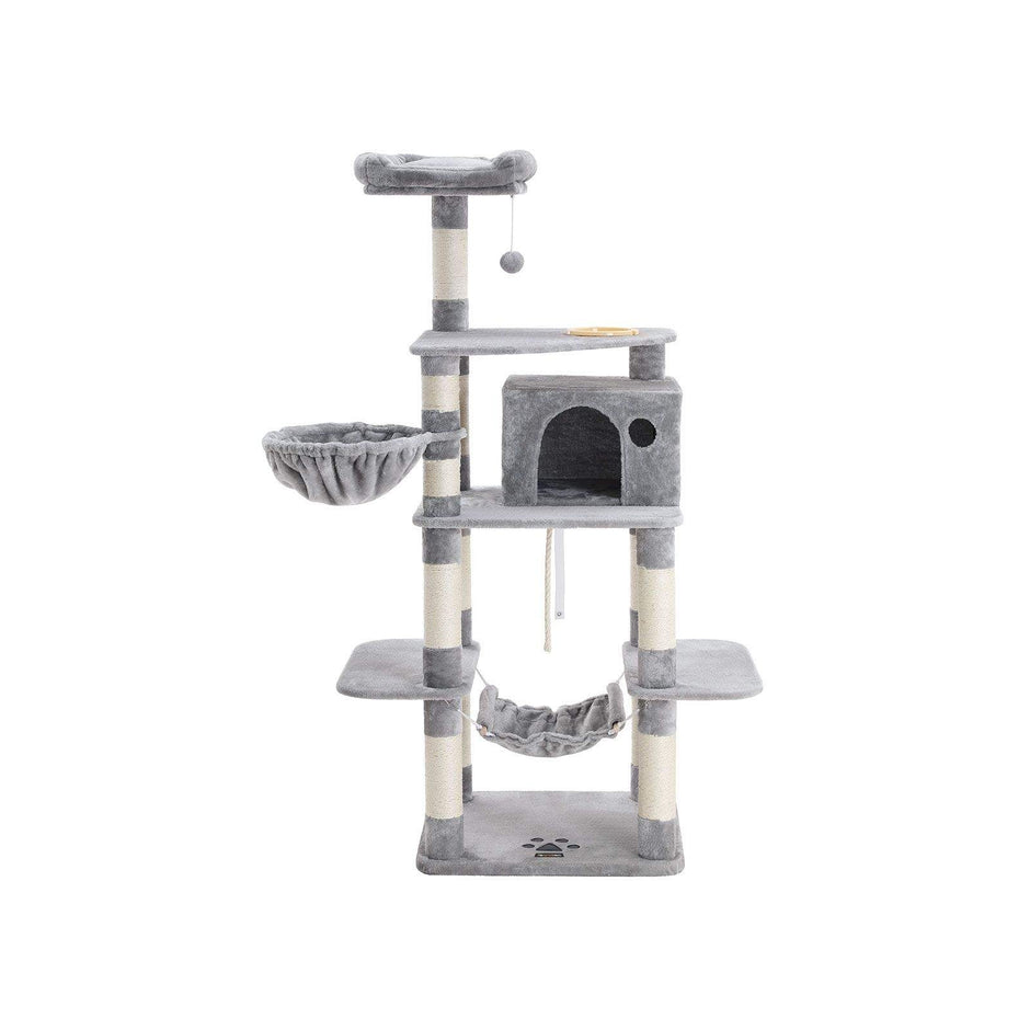 Cat Tree – Engineered Wood – Light Grey – Multi-Level with Hammock and Feeder Bowl