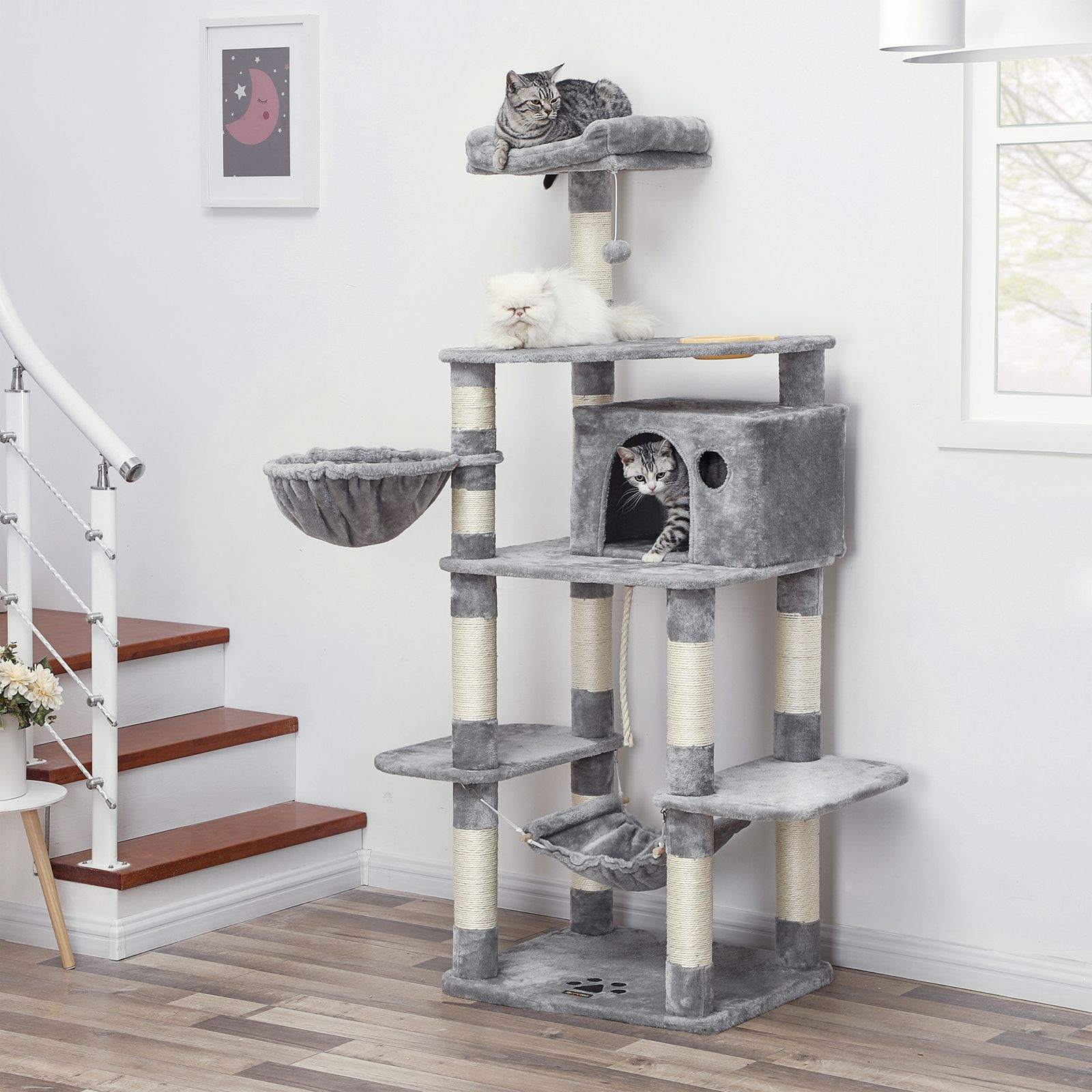 Cat Tree – Engineered Wood – Light Grey – Multi-Level with Hammock and Feeder Bowl