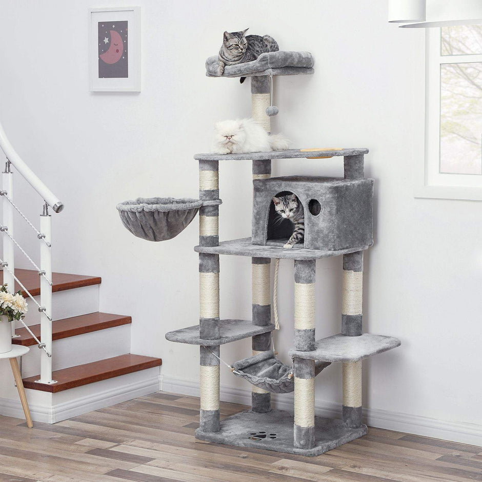 Cat Tree – Engineered Wood – Light Grey – Multi-Level with Hammock and Feeder Bowl