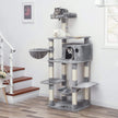Cat Tree – Engineered Wood – Light Grey – Multi-Level with Hammock and Feeder Bowl