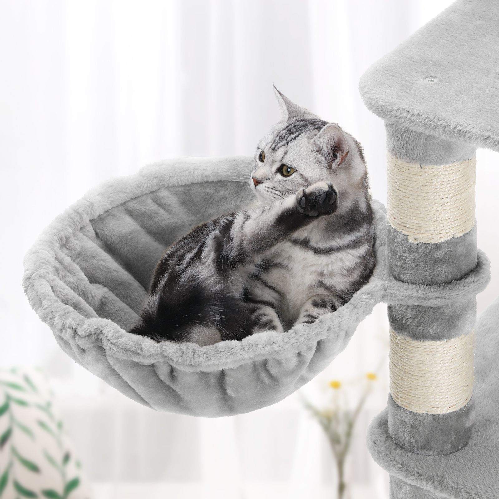 Cat Tree – Engineered Wood – Light Grey – Multi-Level with Hammock and Feeder Bowl