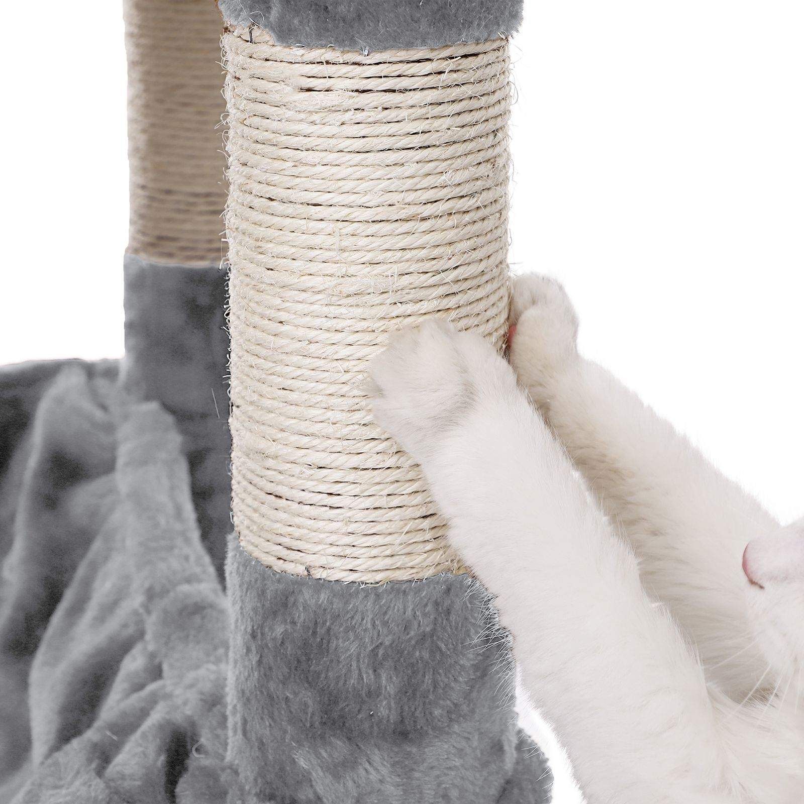 Cat Tree – Engineered Wood – Light Grey – Multi-Level with Hammock and Feeder Bowl