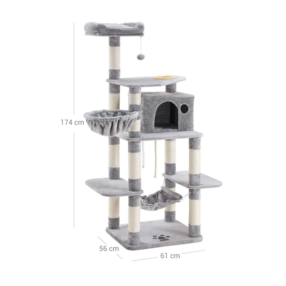 Cat Tree – Engineered Wood – Light Grey – Multi-Level with Hammock and Feeder Bowl