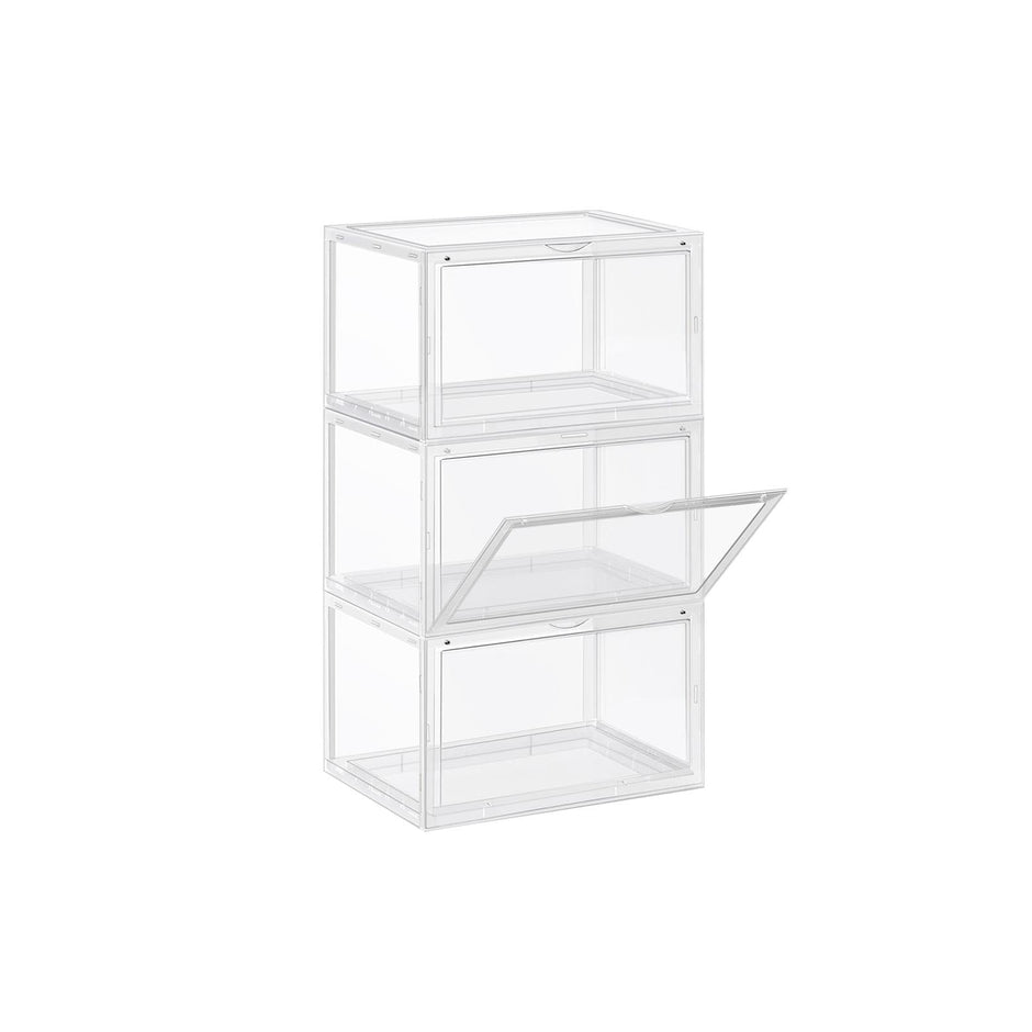 Shoe Storage Boxes – Plastic – Clear – Stackable and Easy to Assemble, Set of 3