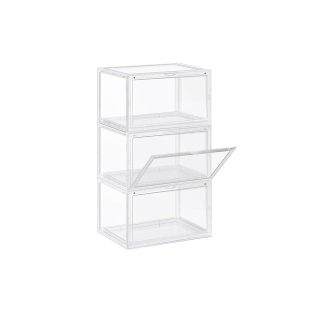 Shoe Storage Boxes – Plastic – Clear – Stackable and Easy to Assemble, Set of 3