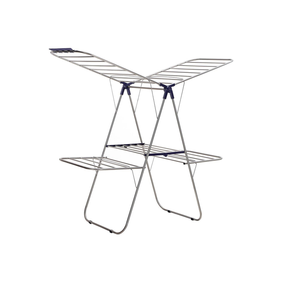 Clothes Drying Rack – Stainless Steel – Blue – Height-Adjustable Wings, Foldable Design