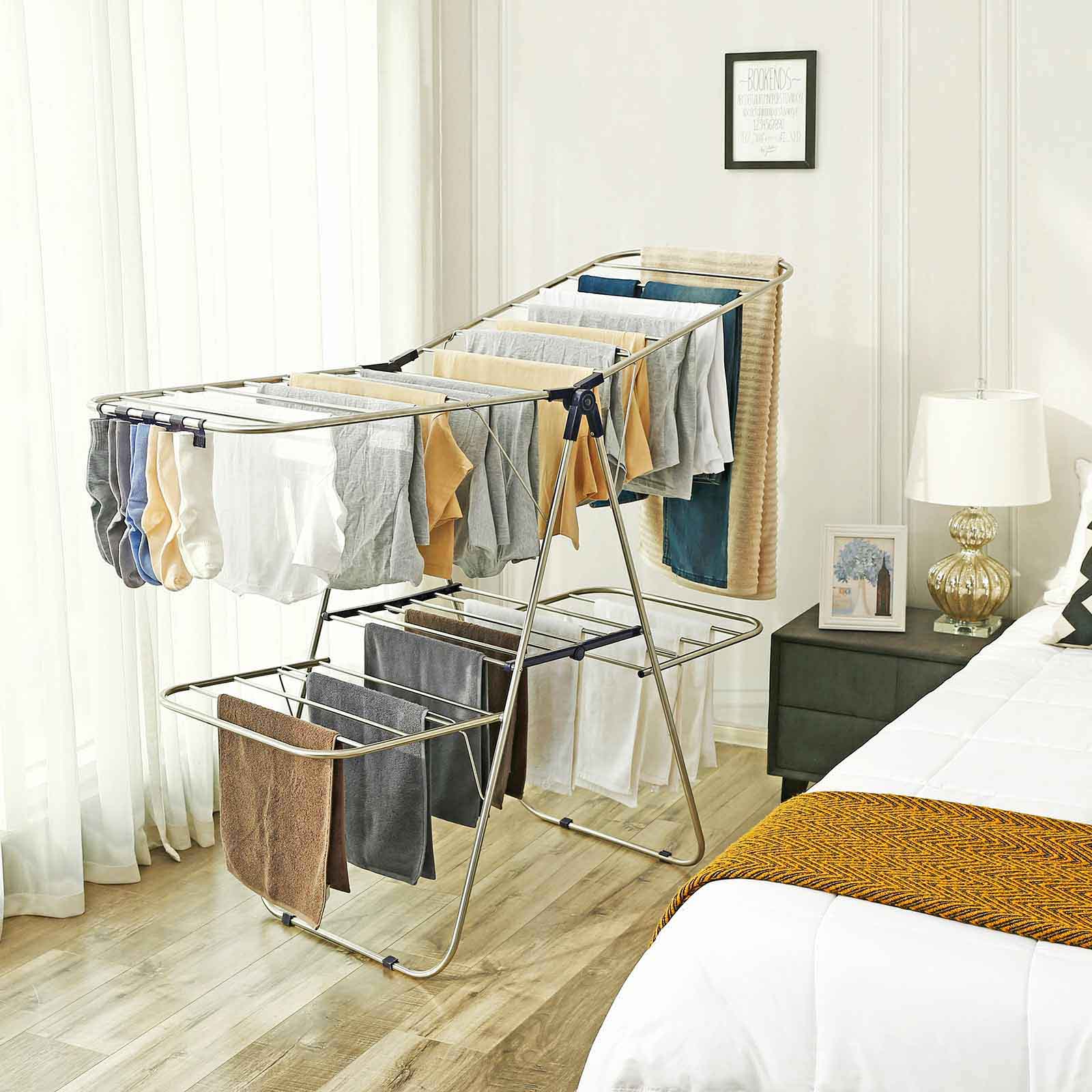 Clothes Drying Rack – Stainless Steel – Blue – Height-Adjustable Wings, Foldable Design