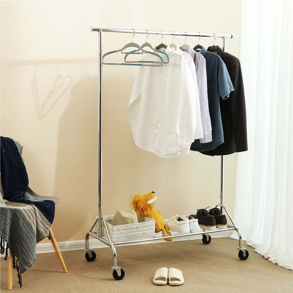 Heavy Duty Clothes Rail – Metal – Chrome – Includes Shoe Shelf, Maximum Load 50 kg