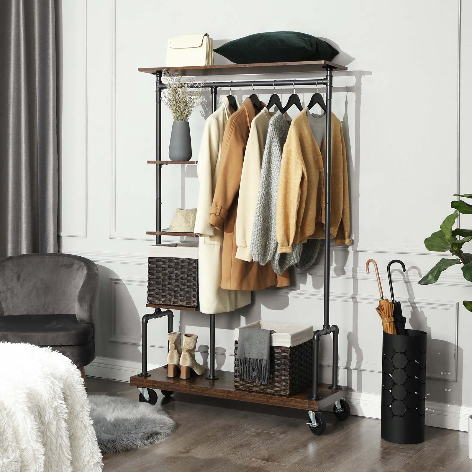 Clothing Rack – Metal – Rustic Brown – Mobile 5-Tier Design