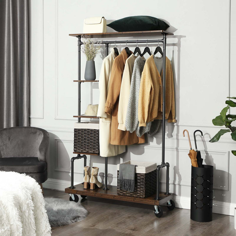 Clothing Rack – Metal – Rustic Brown – Mobile 5-Tier Design