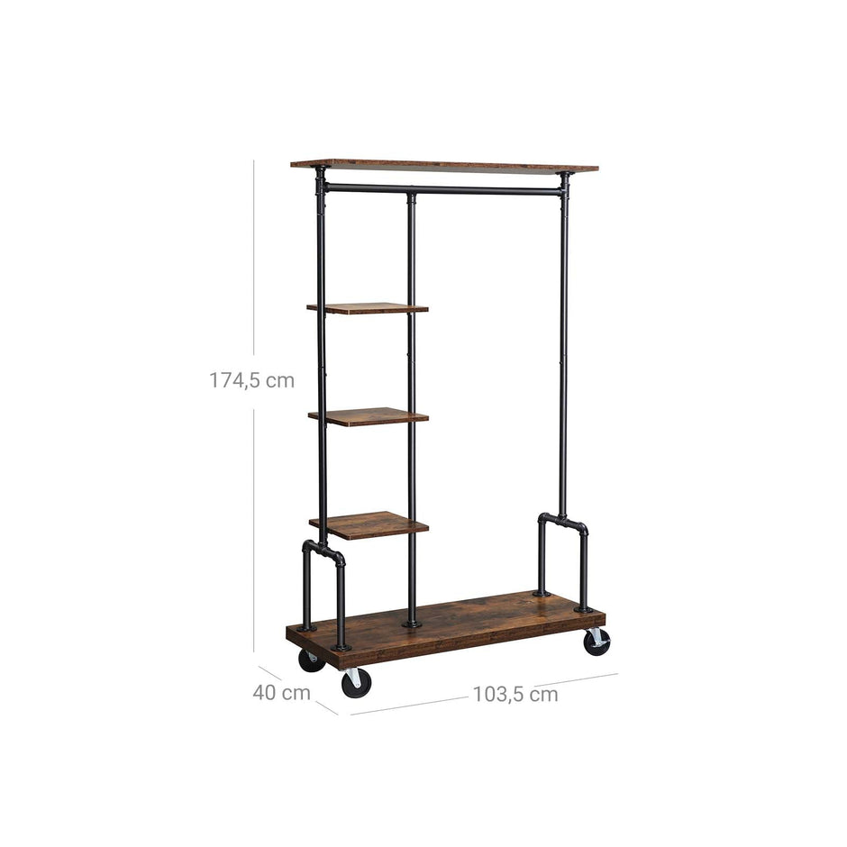Clothing Rack – Metal – Rustic Brown – Mobile 5-Tier Design