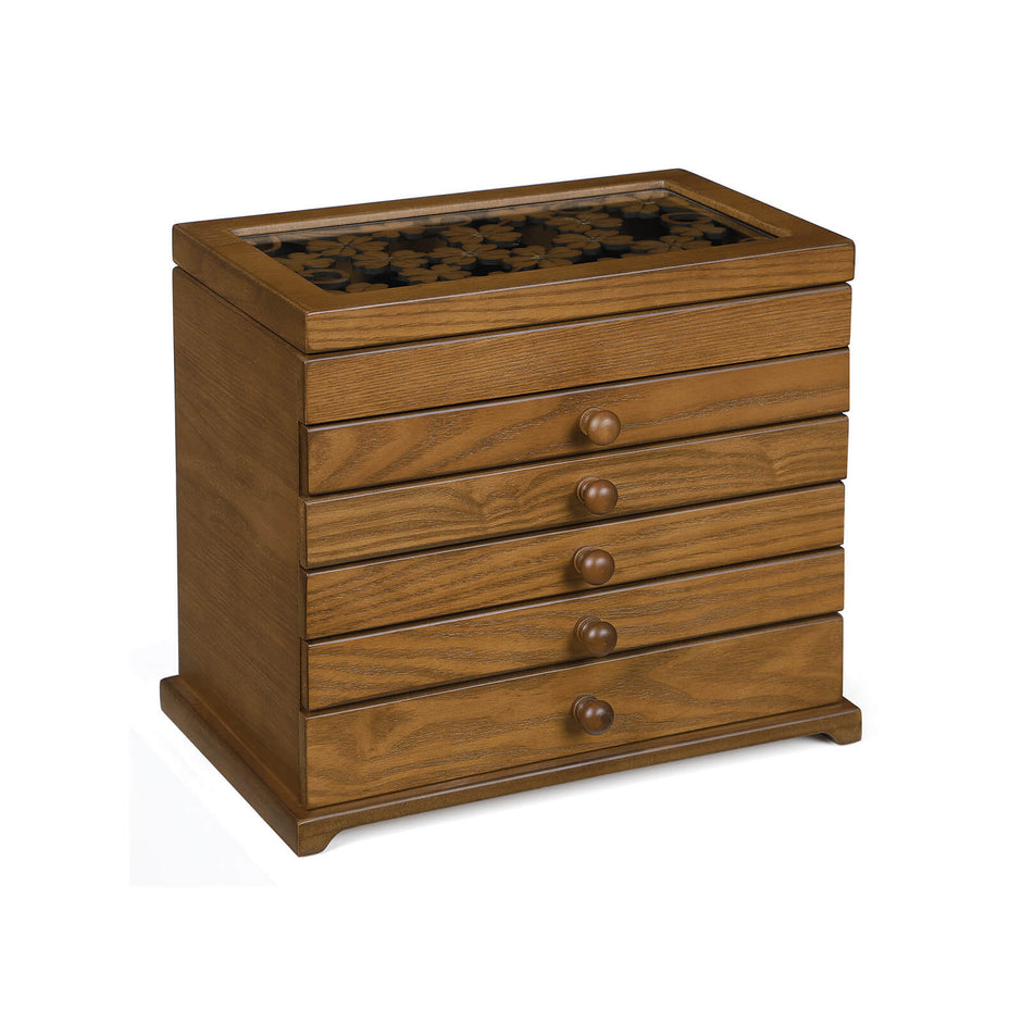 Jewellery Box – MDF Wood – Dark Brown – 6 Layers with 5 Drawers, Clover Pattern