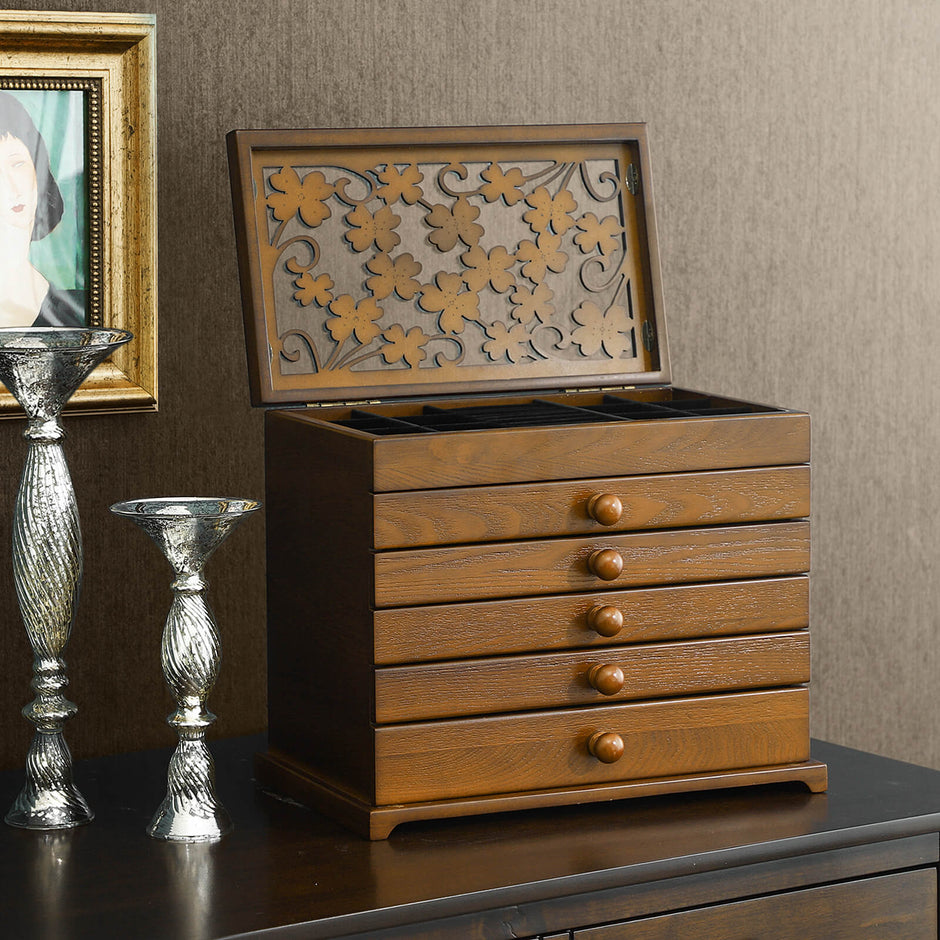Jewellery Box – MDF Wood – Dark Brown – 6 Layers with 5 Drawers, Clover Pattern