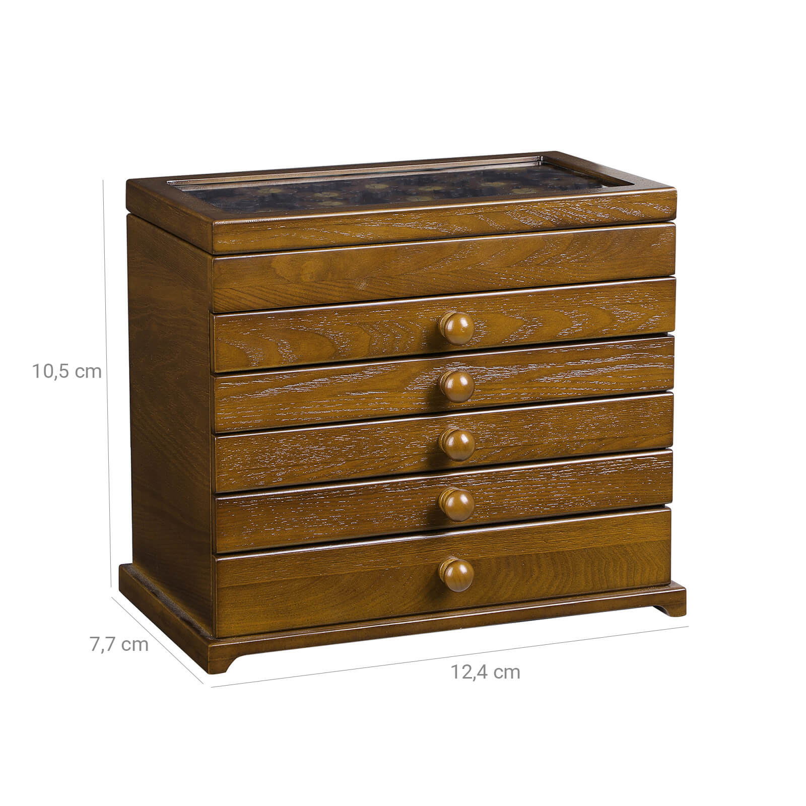Jewellery Box – MDF Wood – Dark Brown – 6 Layers with 5 Drawers, Clover Pattern