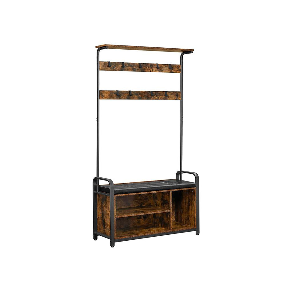 Coat Rack Stand – Steel Frame – Rustic Brown and Black – 8 Hooks with Shoe Bench