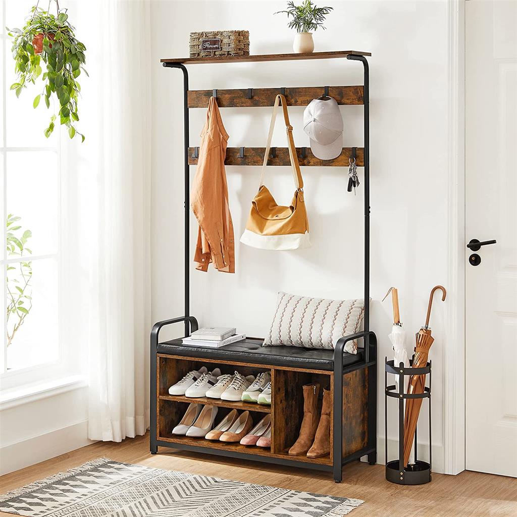Coat Rack Stand – Steel Frame – Rustic Brown and Black – 8 Hooks with Shoe Bench