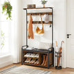 Coat Rack Stand – Steel Frame – Rustic Brown and Black – 8 Hooks with Shoe Bench