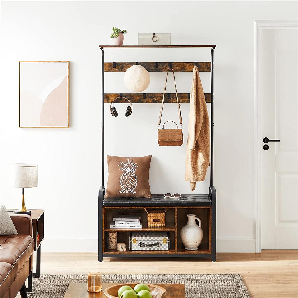 Coat Rack Stand – Steel Frame – Rustic Brown and Black – 8 Hooks with Shoe Bench